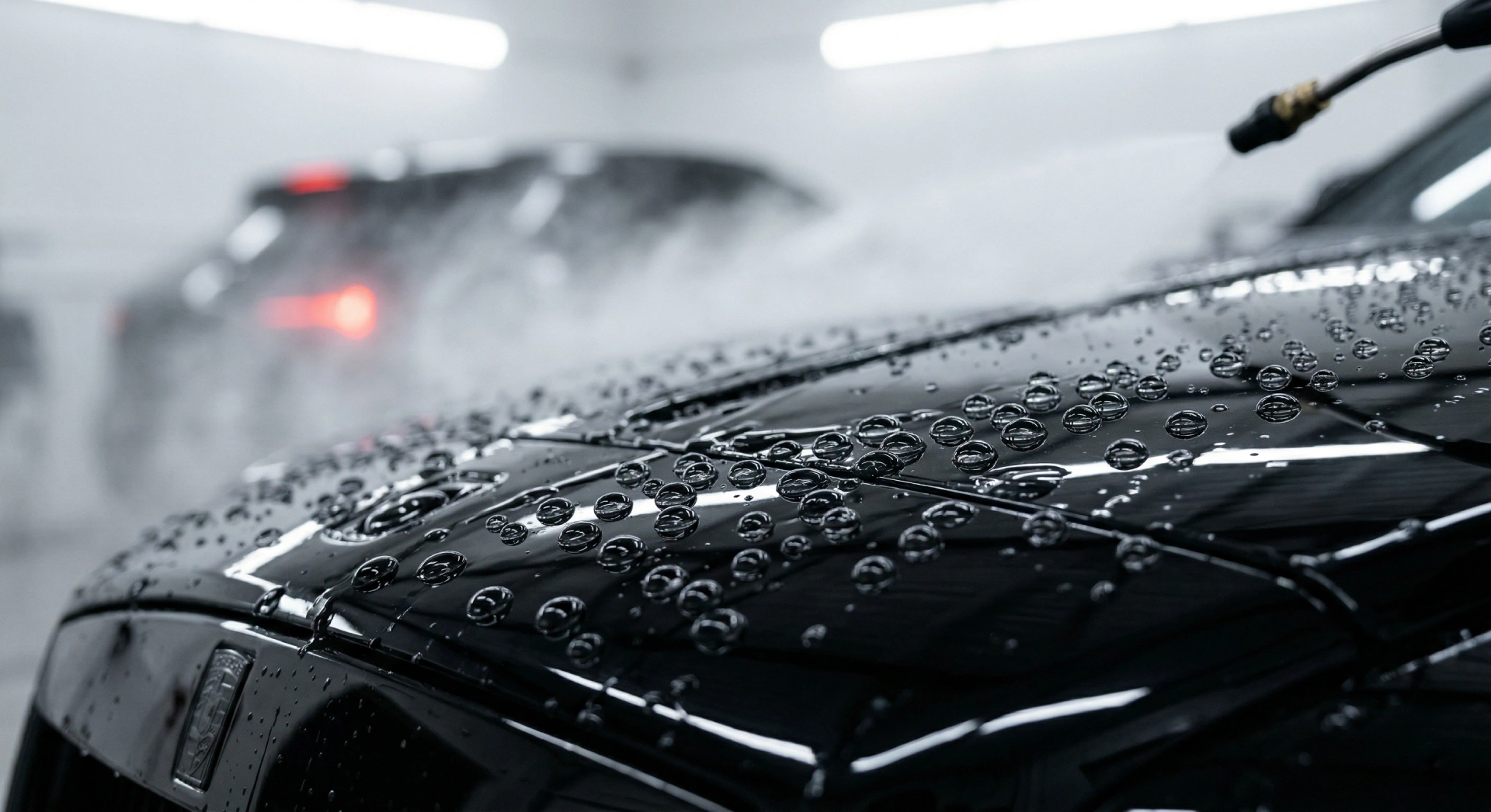 Kapljice vode na crnoj haubi automobila sa keramičkom zaštitom nakon beskontaktnog pranja u detailing centru