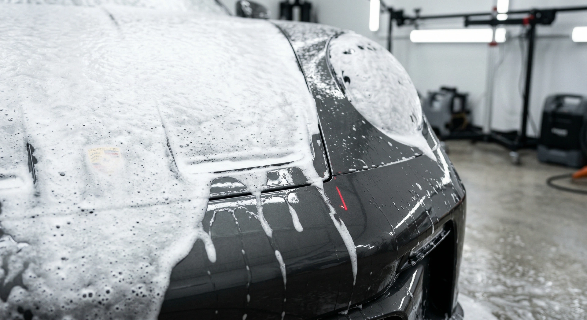 Crni automobil prekriven aktivnom penom tokom beskontaktnog pranja u LaserWash detailing centru Rumenka
