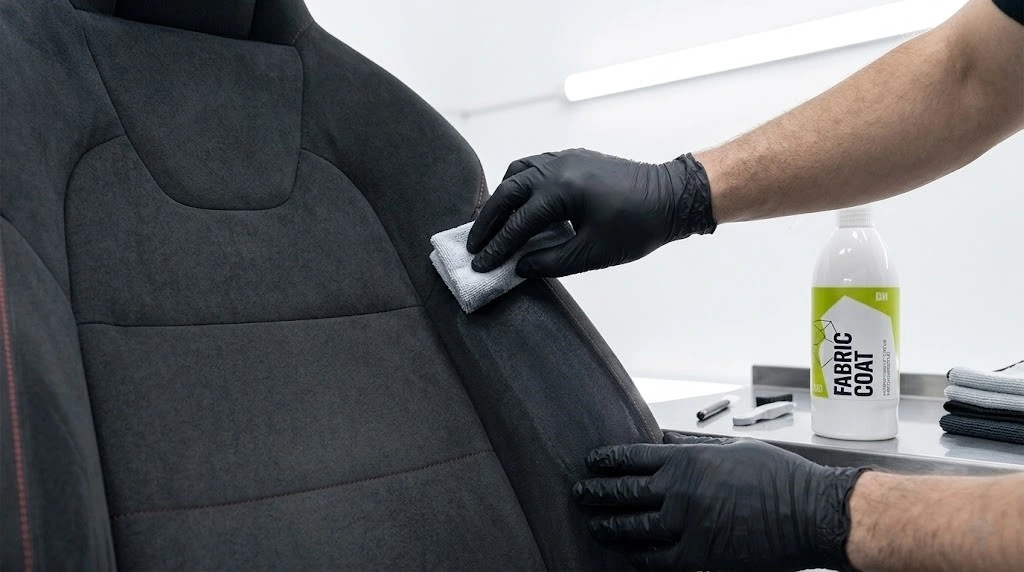 Tehničar nanosi Gyeon FabricCoat kvarcnu zaštitu mikrofiber krpom na crno alcantara sedište u LaserWash detailing centru