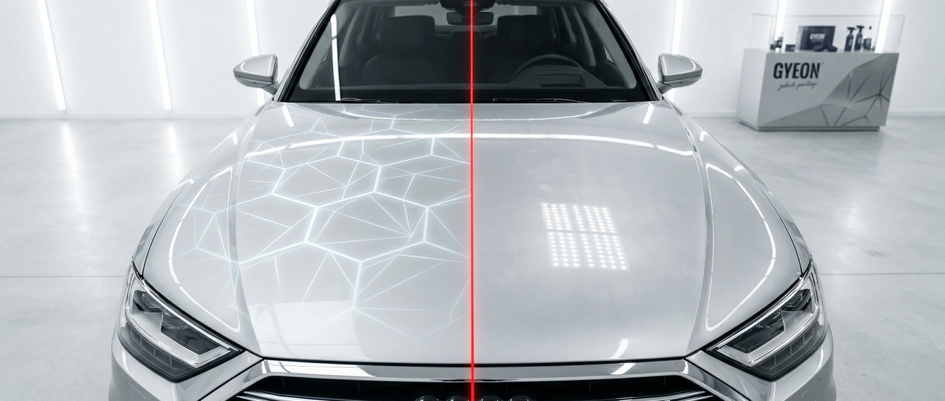 Hauba sivog Audija pre i posle keramičke zaštite Gyeon — vizuelizacija keramičkog premaza u LaserWash Rumenka detailing centru