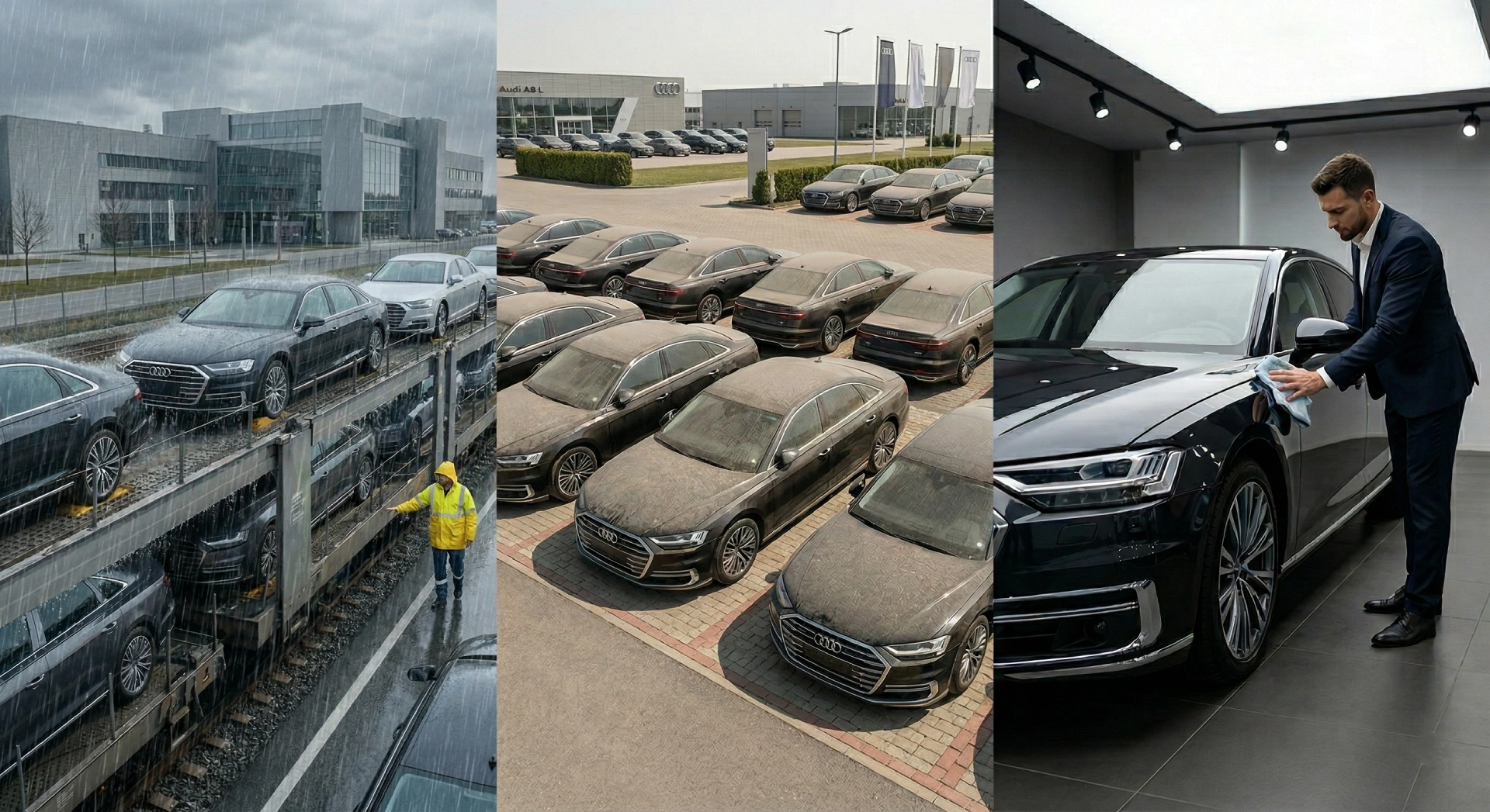 Tri faze puta novog Audi A8 — transport vozom na kiši, skladištenje zaprljanih vozila ispred salona i salonska priprema krpom