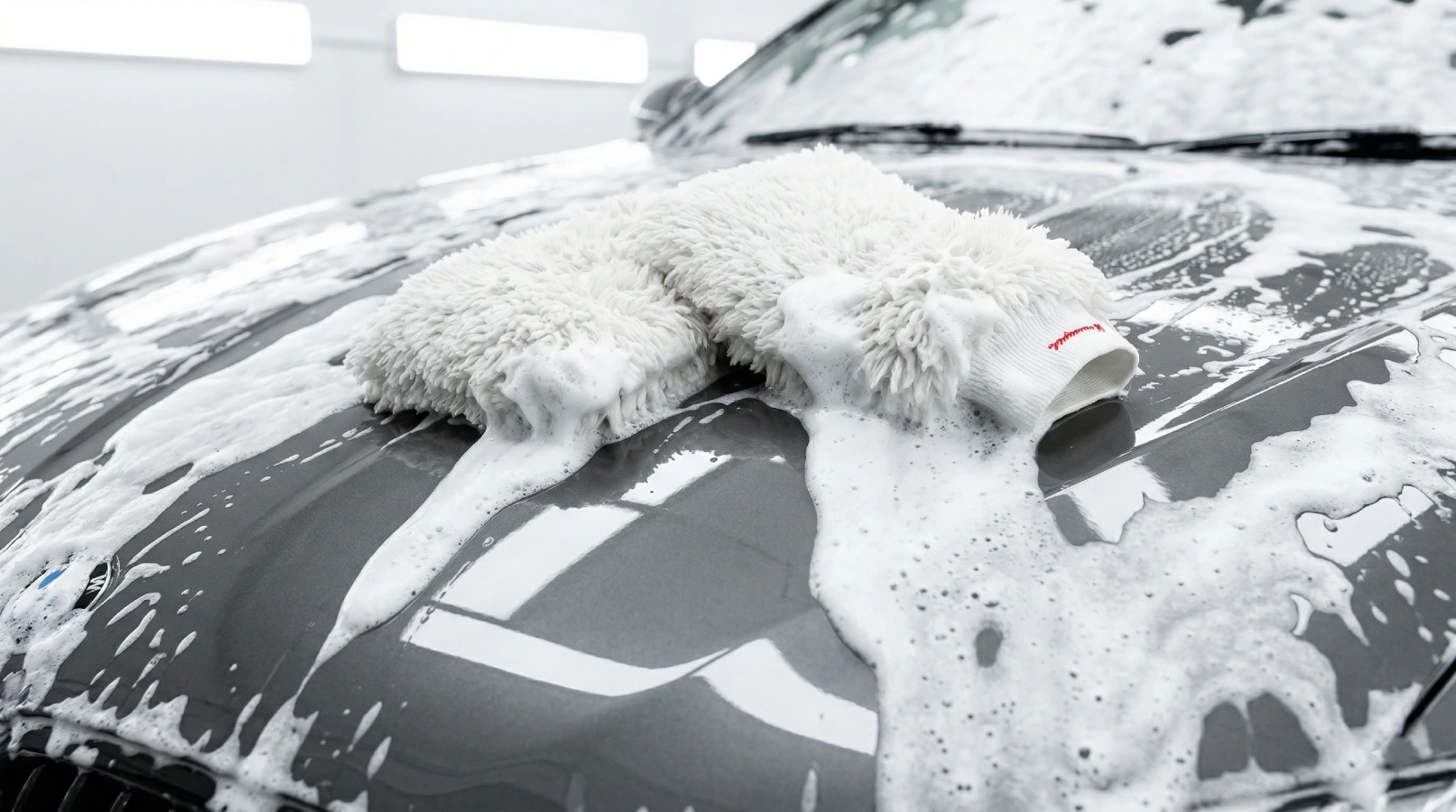 Mikrofiber rukavica za kontaktno pranje na sivoj haubi automobila prekrivenoj aktivnom penom u LaserWash detailing centru