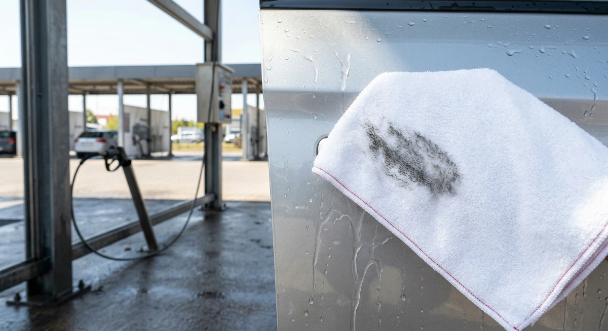 Bela mikrofiber krpa sa tamnim tragovima prljavštine nakon brisanja automobila na beskontaktnoj perionici