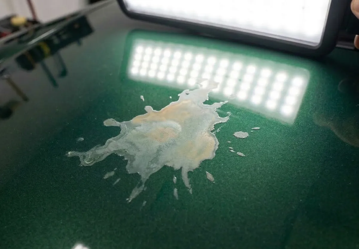 Trag ptičijeg izmeta koji je nagrizio zeleni lak automobila vidljiv pod detailing lampom