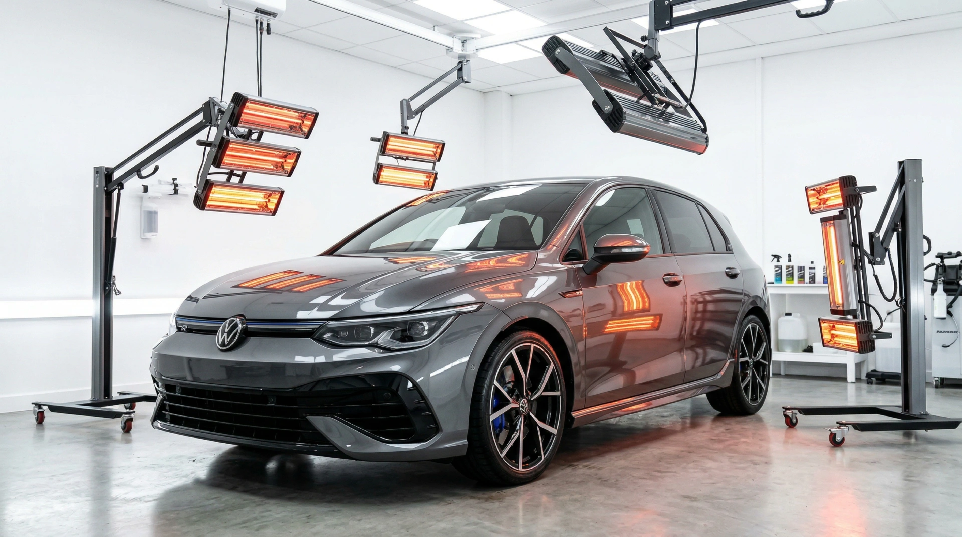 VW Golf R okružen infracrvenim lampama tokom IC stabilizacije keramičke zaštite u detailing studiju