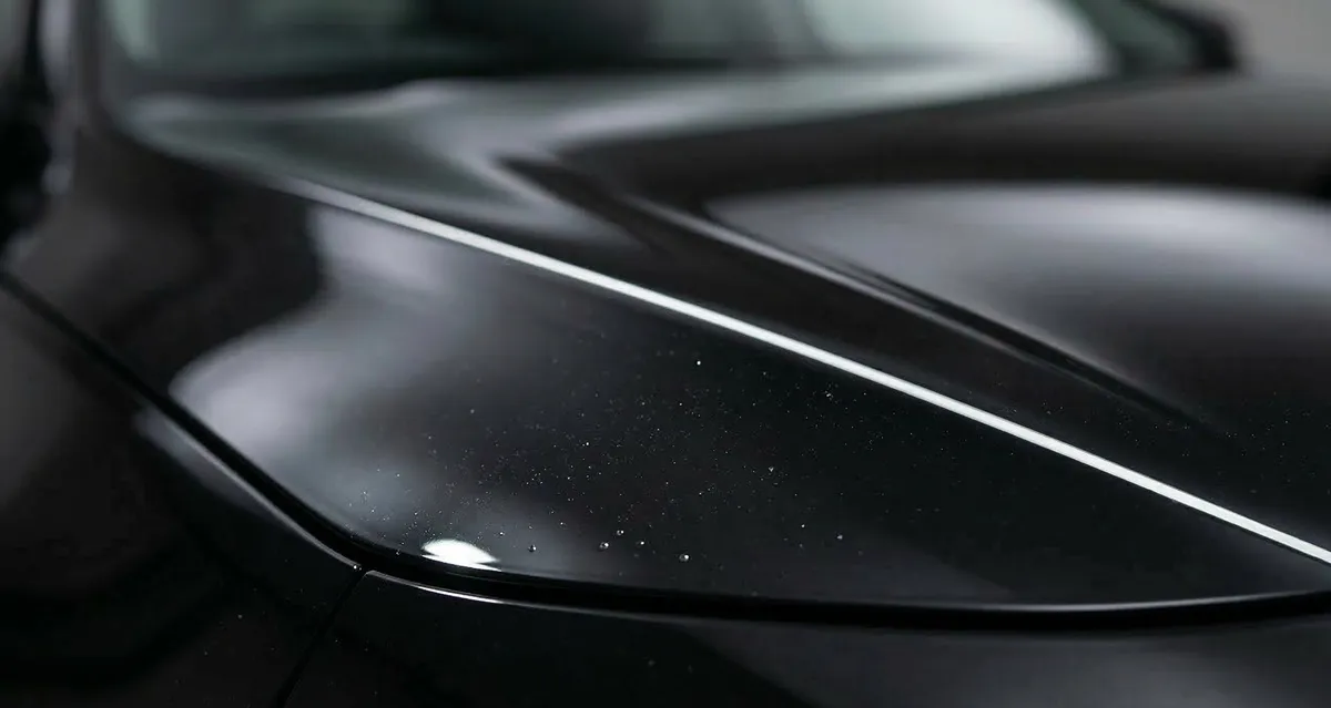 Sitni udari od kamenčića na crnoj haubi automobila — oštećenja koja poliranje ne može ukloniti