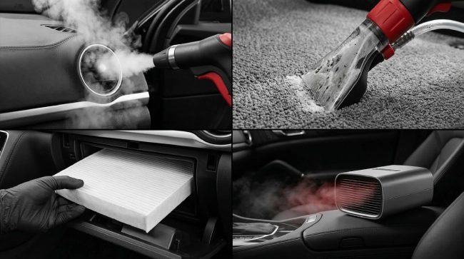 Protokol uklanjanja mirisa duvana iz automobila: parni tretman ventilacije, ekstrakcija tepiha, zamena filtera kabine i ozonizacija